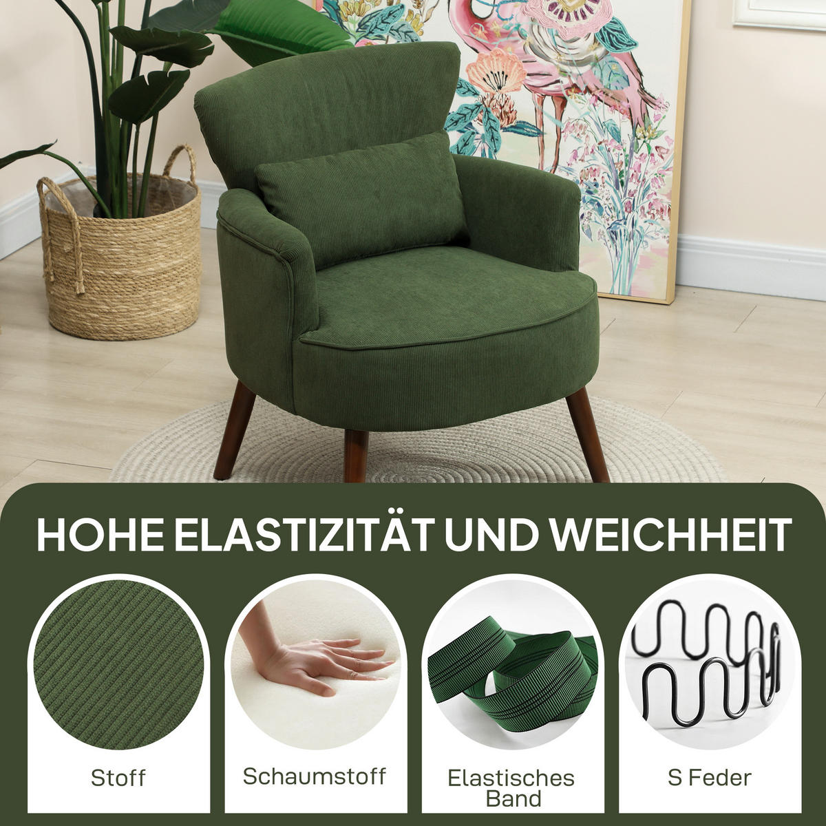 SESSEL Loungesessel mit Armlehnen, Relaxsessel mit Kissen Cordoptik Grün - Braun/Grün, Textil (69/78/69.5cm) - HOMCOM