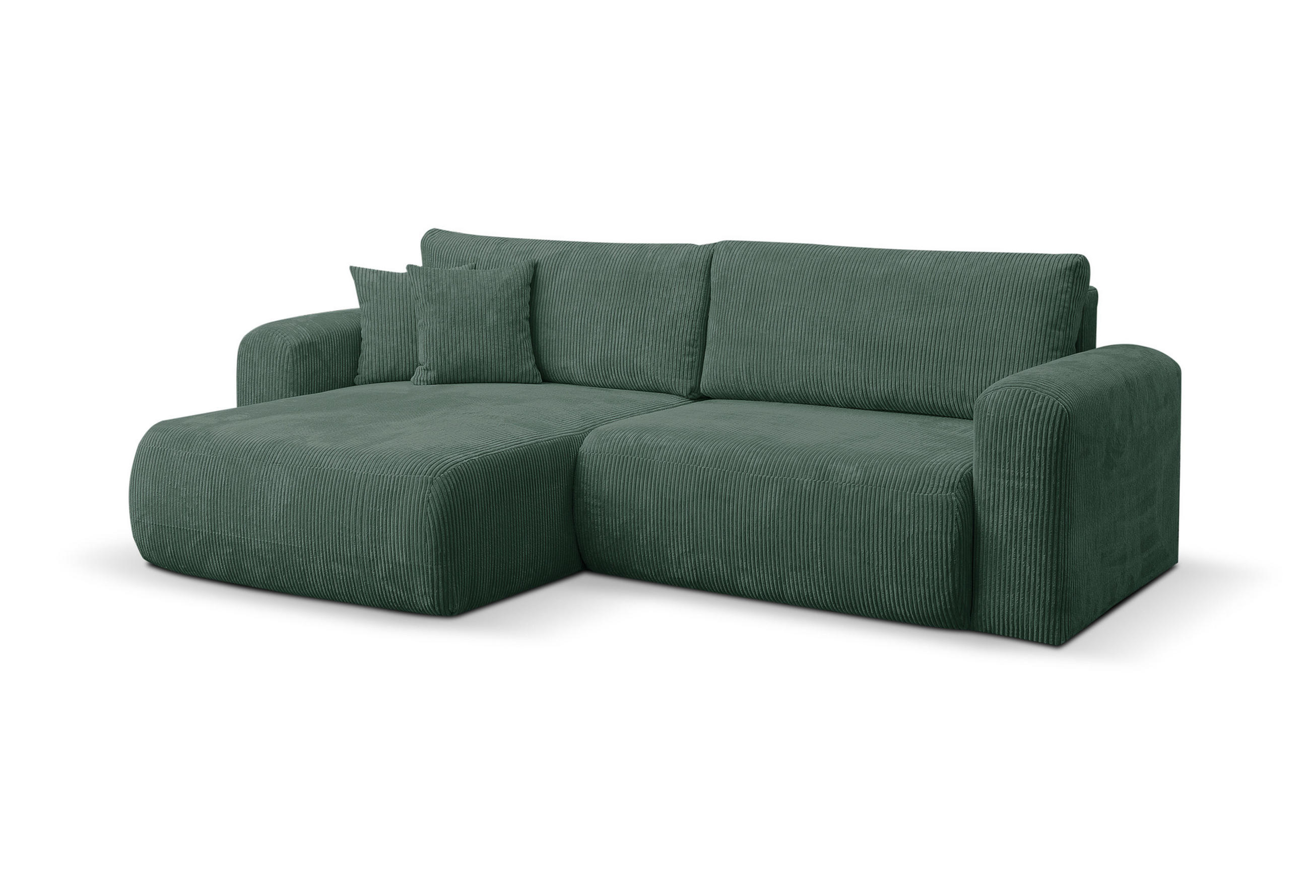 ECKSOFA Roma, Eckcouch in L-Form mit Schlaffunktion und Bettkasten, Farbe: Grün, Cordstoff, Ottomane Universal - Grün, Textil (244/142cm) - VENASI MÖBEL