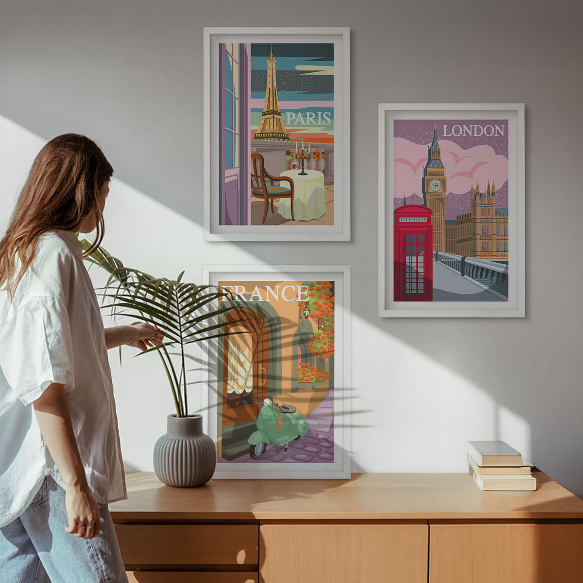 WANDBILDER 3er-Set - 40x60 cm Weißer Rahmen - Ansichten Paris London Retro - Weiß, Kunststoff (40/60cm) - ArtPrintCave