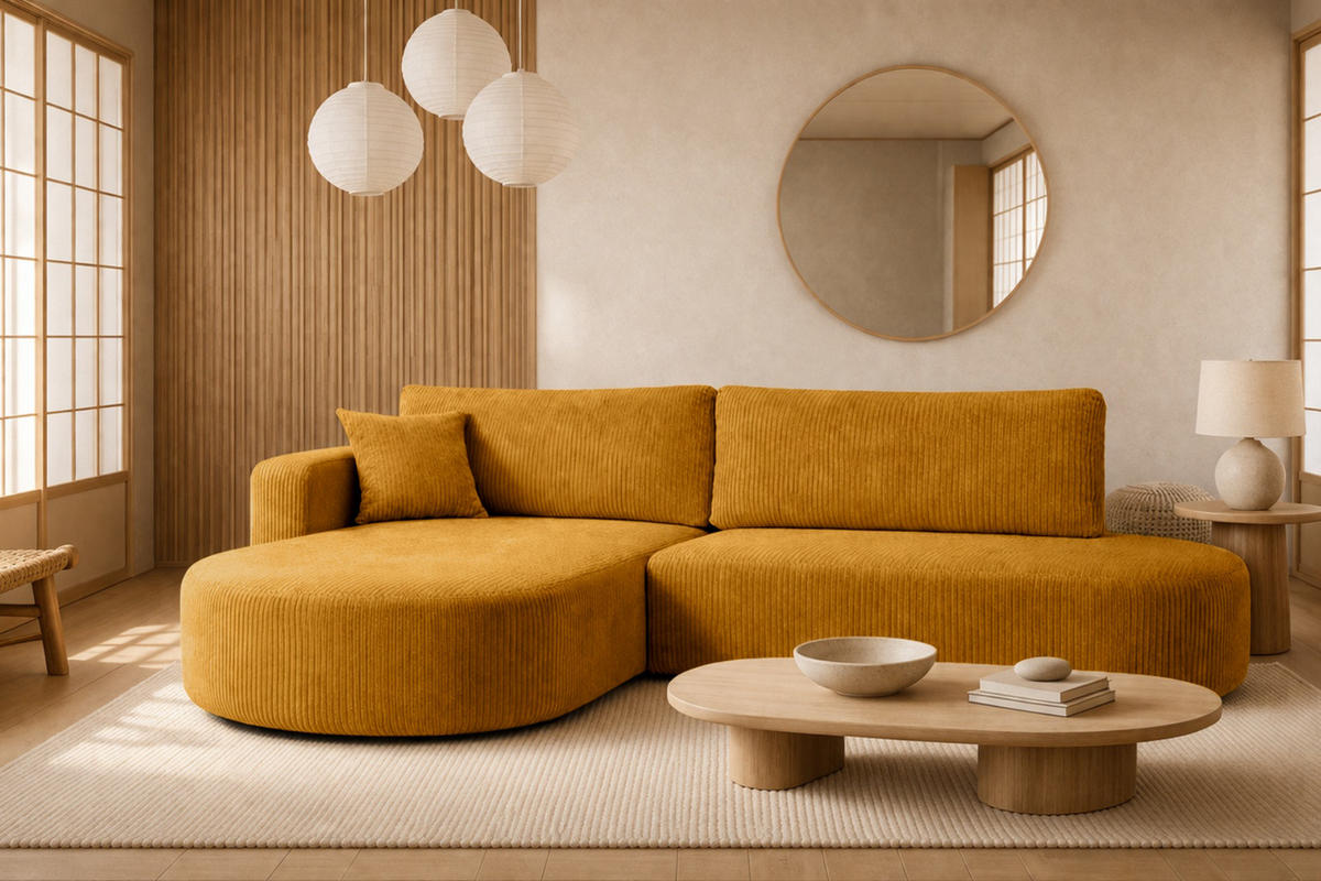 ECKSOFA Mit Schlaffunktion Und Bettkasten, Cordstoff Poso, Senffarbe, Links, ROUND ONE OPEN XL - Gelb, Holz (262/175cm) - Kaiser Möbel