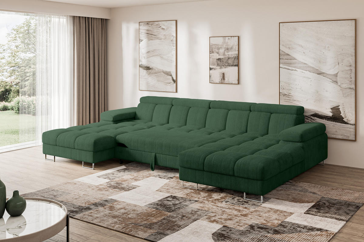 WOHNLANDSCHAFT mit Schlaffunktion und Bettkasten COMA U2 345x203x79 Grün Cord - Waldgrün, Holzwerkstoff/Textil (345/79/203cm) - ALTDECOR
