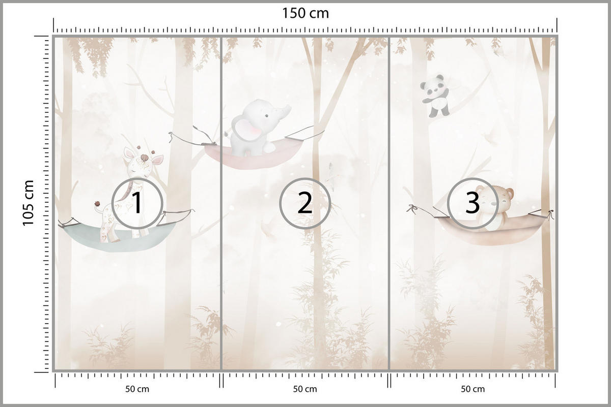 FOTOTAPETE für Kinderzimmer Tiere Hängematten WALD Elefant Giraffe 150x105 - Beige/Schwarz, Papier (150/105cm) - Muralo