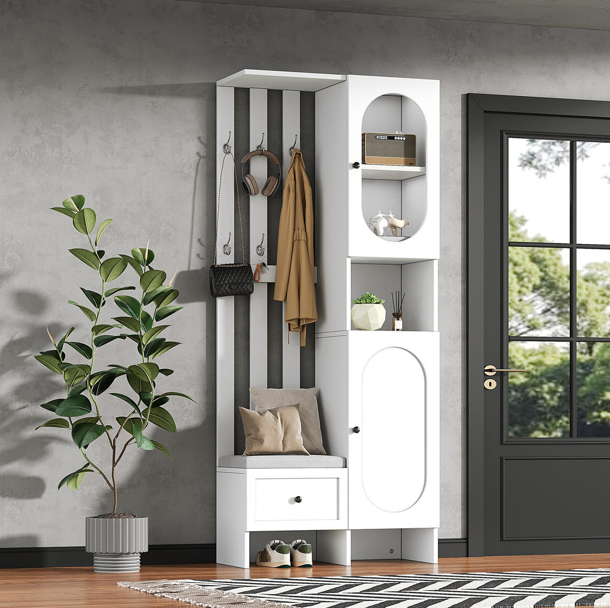 KOMPAKTGARDEROBE 85/33,5/200 cm aus Spanplatte mit gehärtetem Glas und Schuhbank Weiß - Weiß, Holzwerkstoff (33.5/200/85cm) - Modenvie