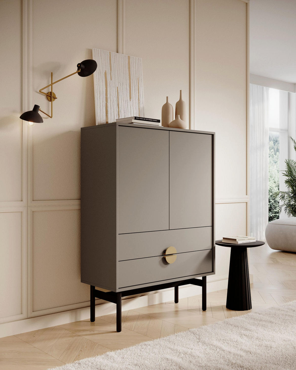 HIGHBOARD Stoon II STEINGRAU 85 CM - Beige/Goldfarben, Holzwerkstoff/Metall (85/124/38cm) - Selsey