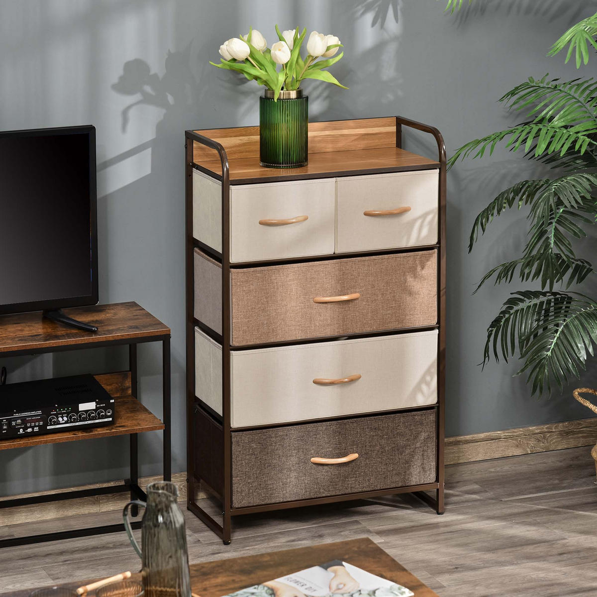 KOMMODE, Sideboard mit 5 Faltbaren Stoff-Schubladen, Braun - Braun, Textil (58/99/29cm) - HOMCOM