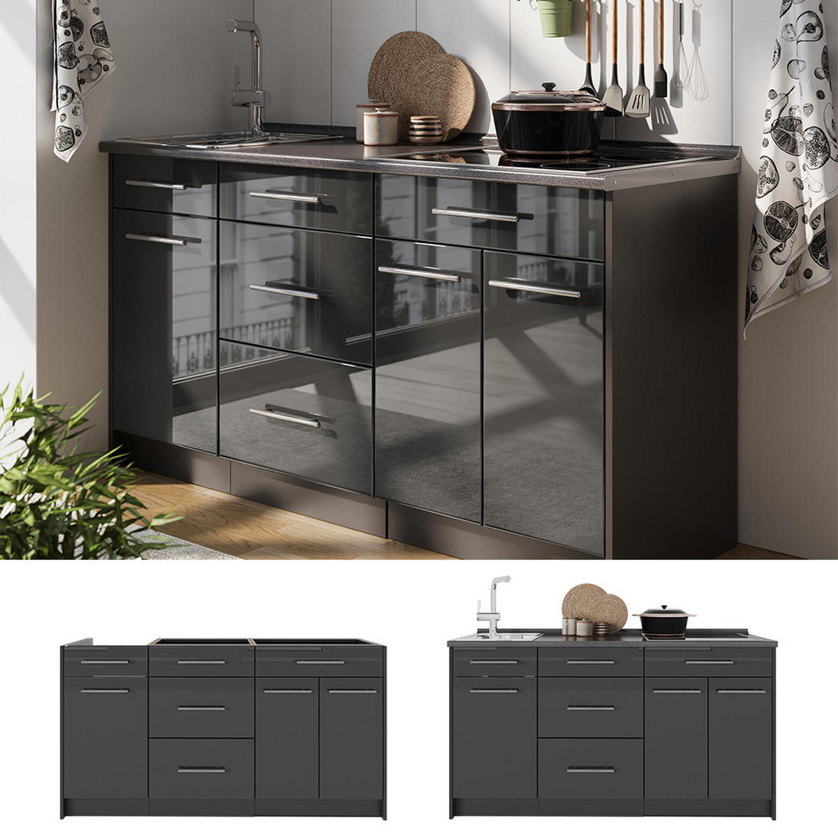 KUCHYNSKÝ BLOK Fame-Line, Antracit vysoký lesk/antracitová, 150 cm, AP Antracit - antracitová/čierna s vysokým leskom, kompozitné drevo (150/82/60cm) - Vicco