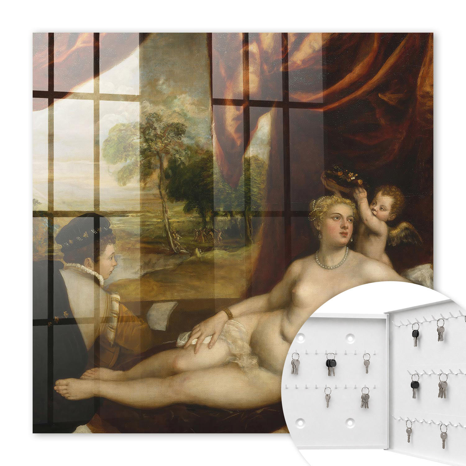 SCHLÜSSELBOX Weiß 30x30 cm – Türöffnung nach rechts - Tizian: Venus und der Lautenspieler - Braun, Metall (30/30/5cm) - TULUP