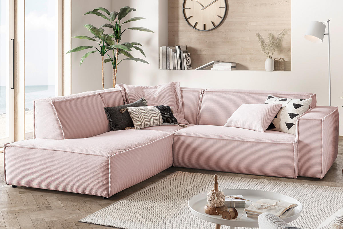 ECKSOFA SAMU Pink Cord - Pink/Schwarz, Textil (254/224cm) - KAWOLA