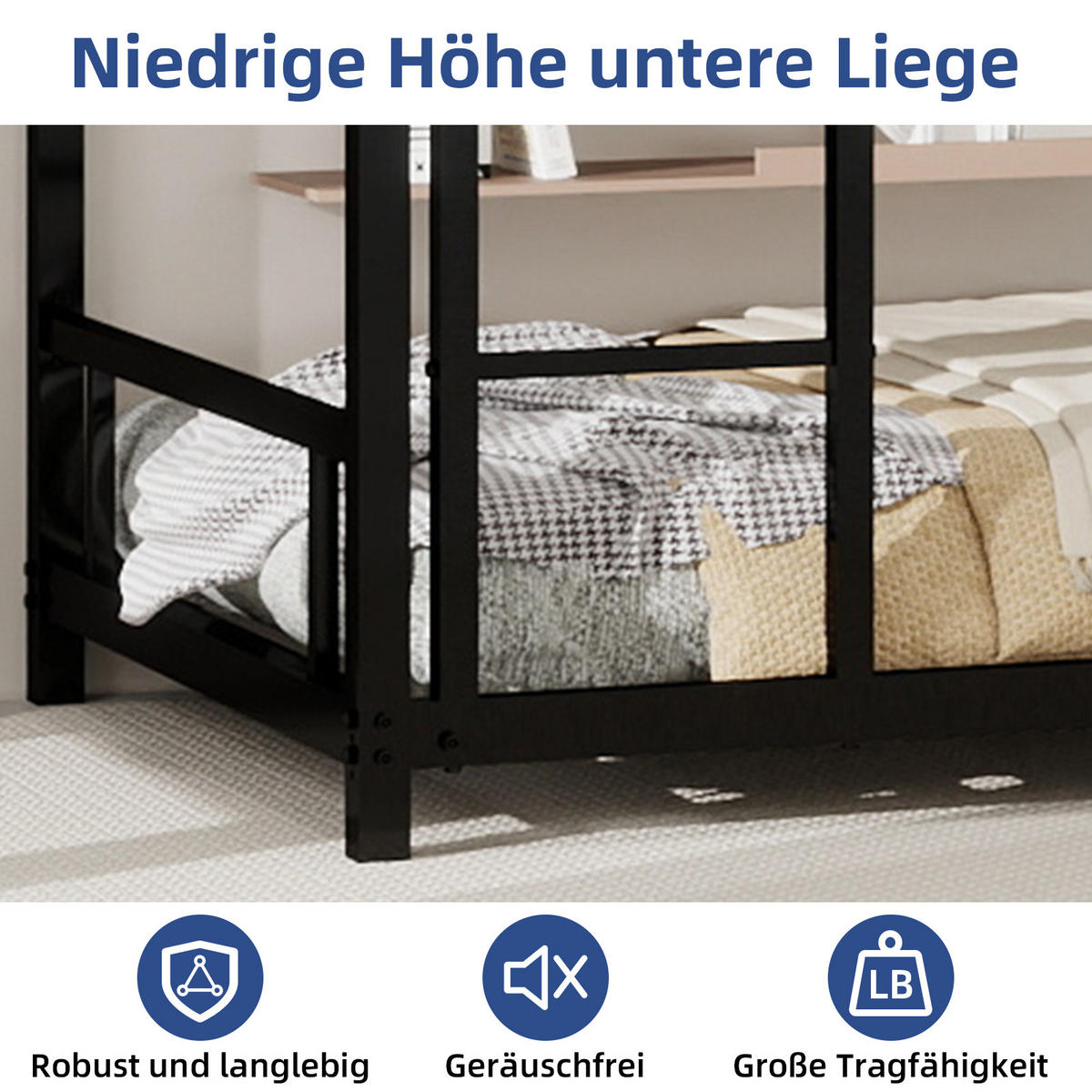ETAGENBETT 90/200 cm Schwarz mit Leiter und Sicherheitsgeländer, Eisen - Schwarz, Metall (90/200cm) - Oxeza