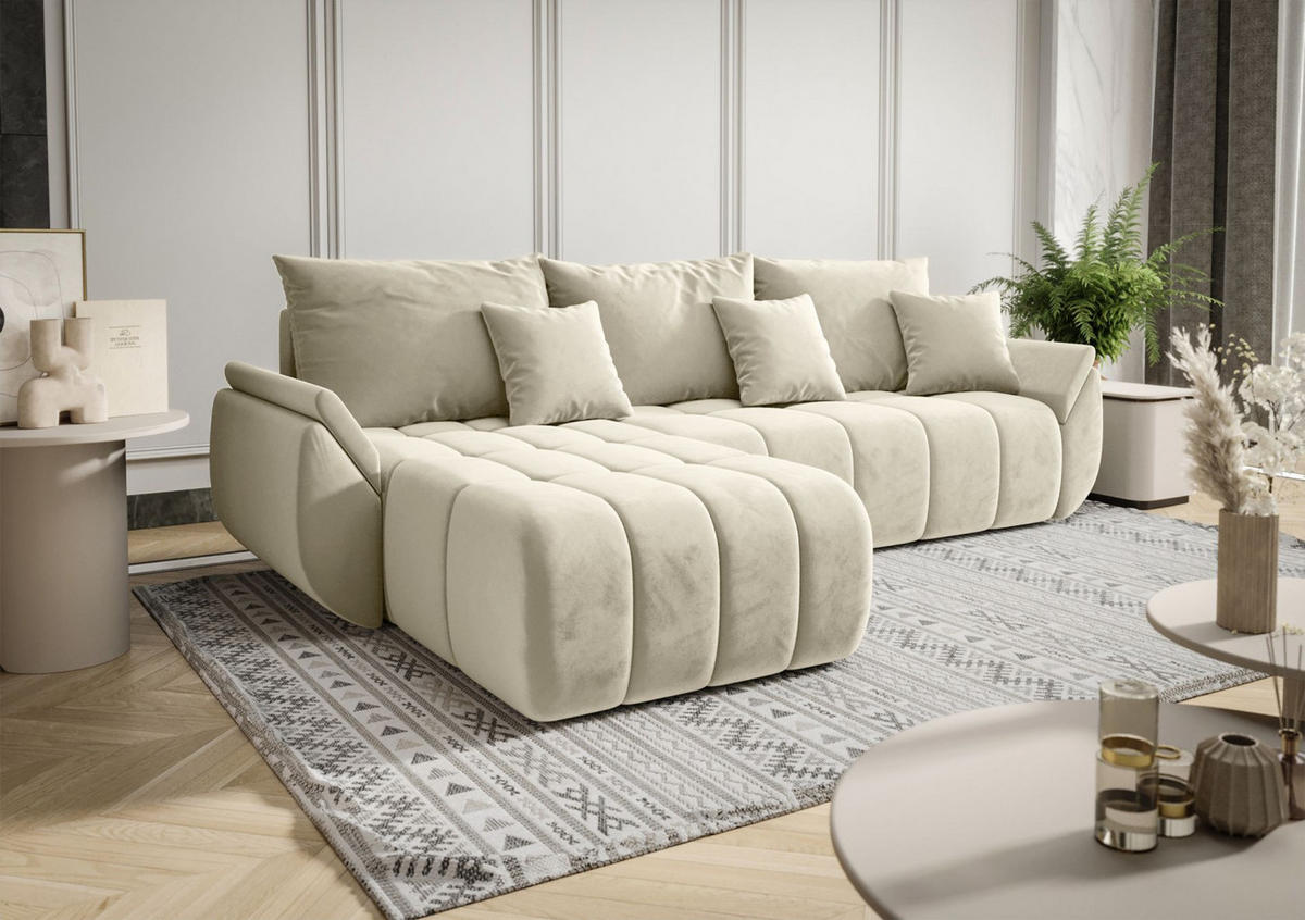 ECKSOFA Romuldi mit Schlaffunktion, Creme Samt, linksseitig - Creme/Schwarz, Kunststoff/Textil (280/185cm) - Selsey