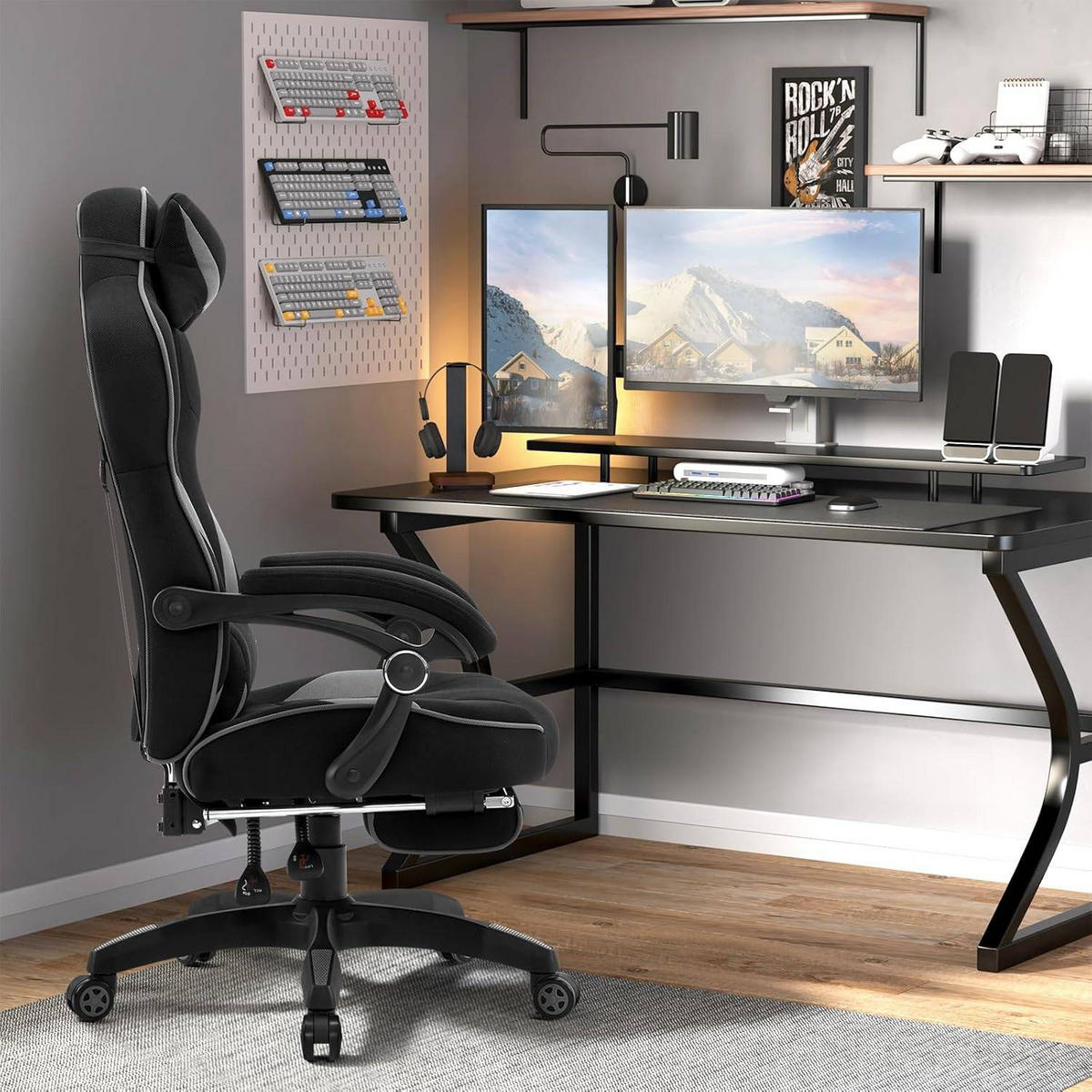 GAMINGSTUHL Stoff Stoff Kühl im Sommer Ergonomischer, 150 kg Belastbarkeit - Schwarz/Grau, Kunststoff/Textil (70/128/70cm) - Woltu