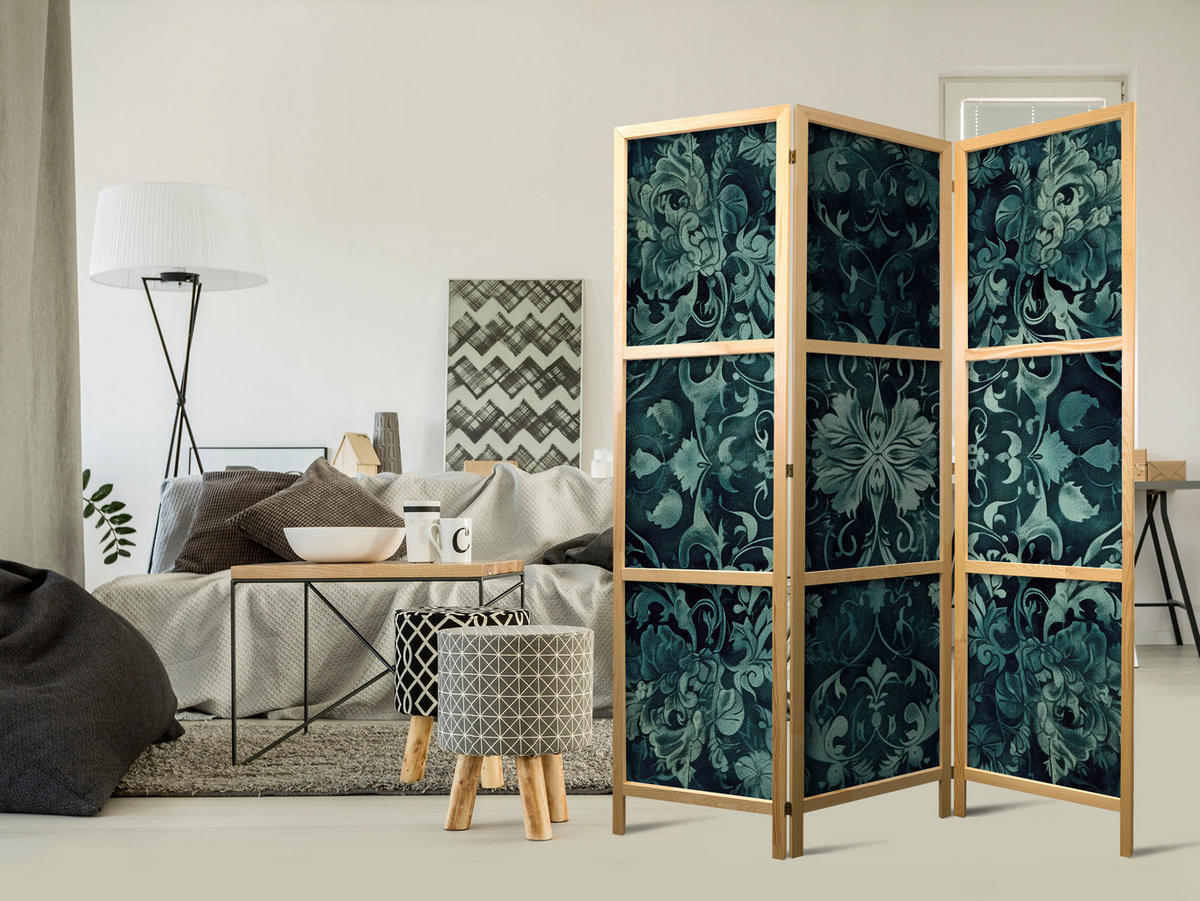PARAVENT Japanischer 3-tlg 135x172 cm Gr ne Ornamente - Grün, Holz/Textil (135/172/3cm) - Muralo
