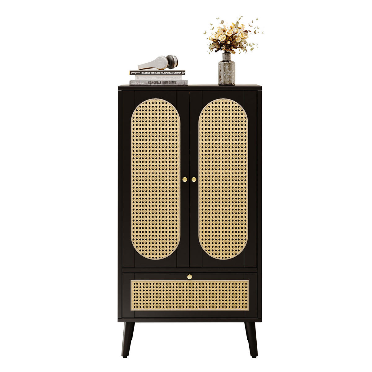 BEISTELLSCHRANK schwarz mit Rattanfront aus Spanplatte 60 × 40 × 110,5 cm - Schwarz, Holzwerkstoff (60/110.5/40cm) - Luhomfu