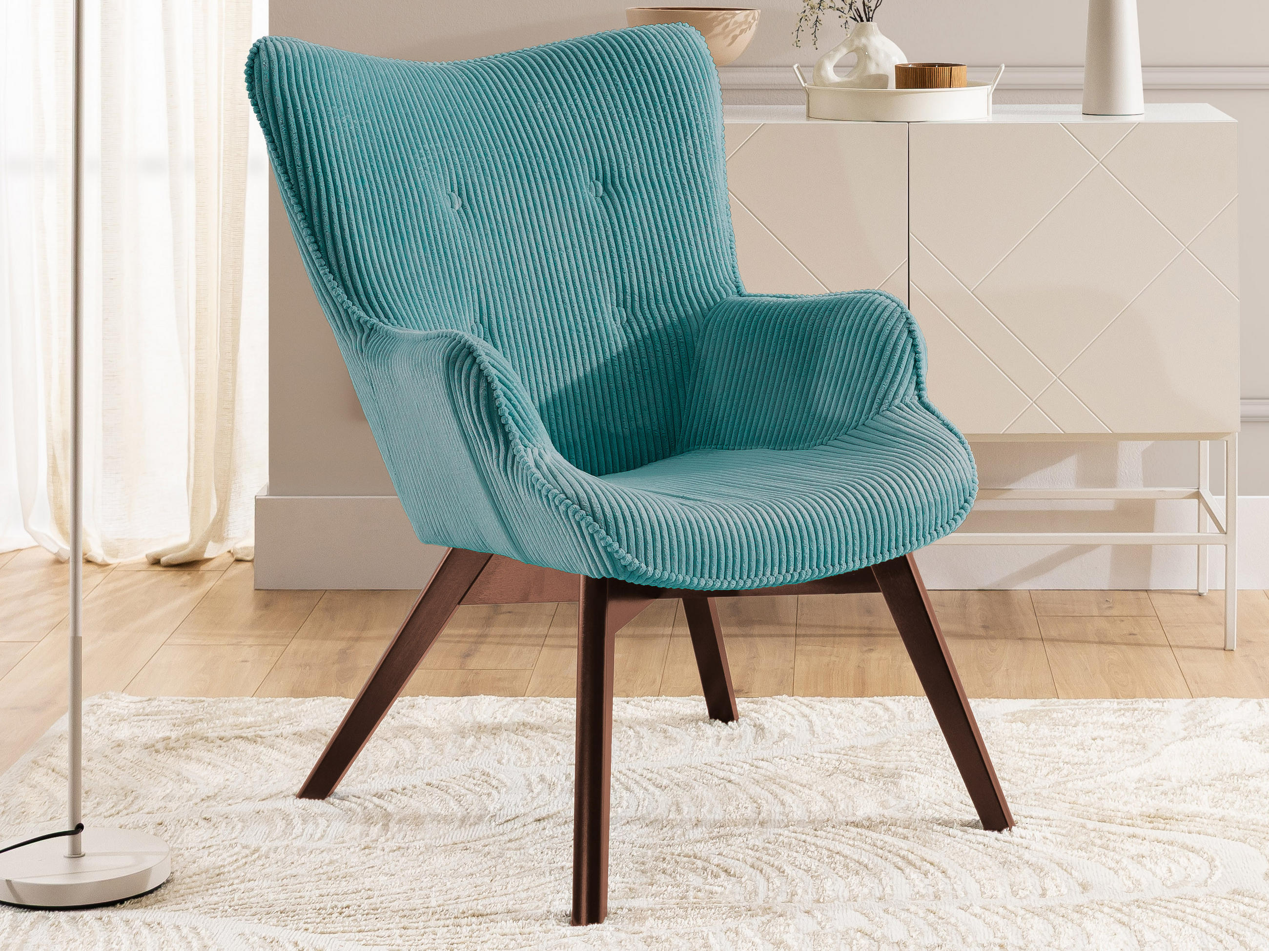 LOUNGESESSEL Lenari Türkis Cordstoff mit Füßen in Braun - Türkis/Braun, Holz/Textil (71/96/86cm) - S-Style Möbel