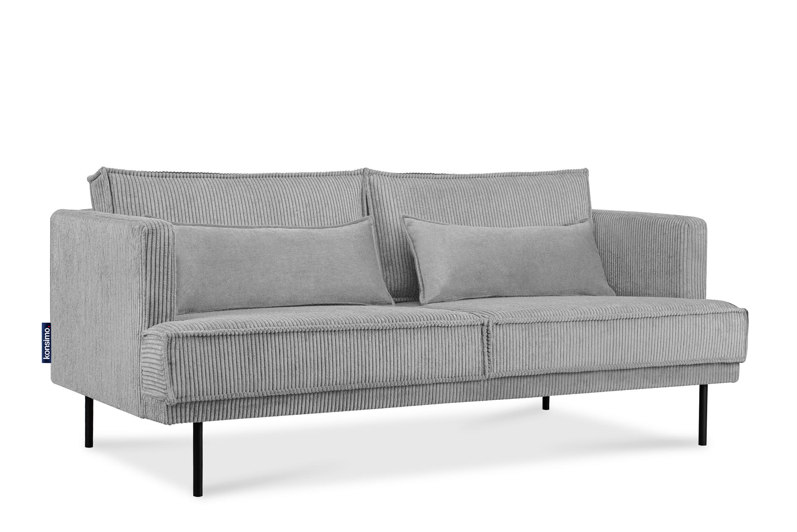 3-SITZER-SOFA GANZO 2 Kissen inklusive, Cord-Stoff, hellgrau - Hellgrau/Schwarz, Textil/Metall (193/84/92cm) - KONSIMO®