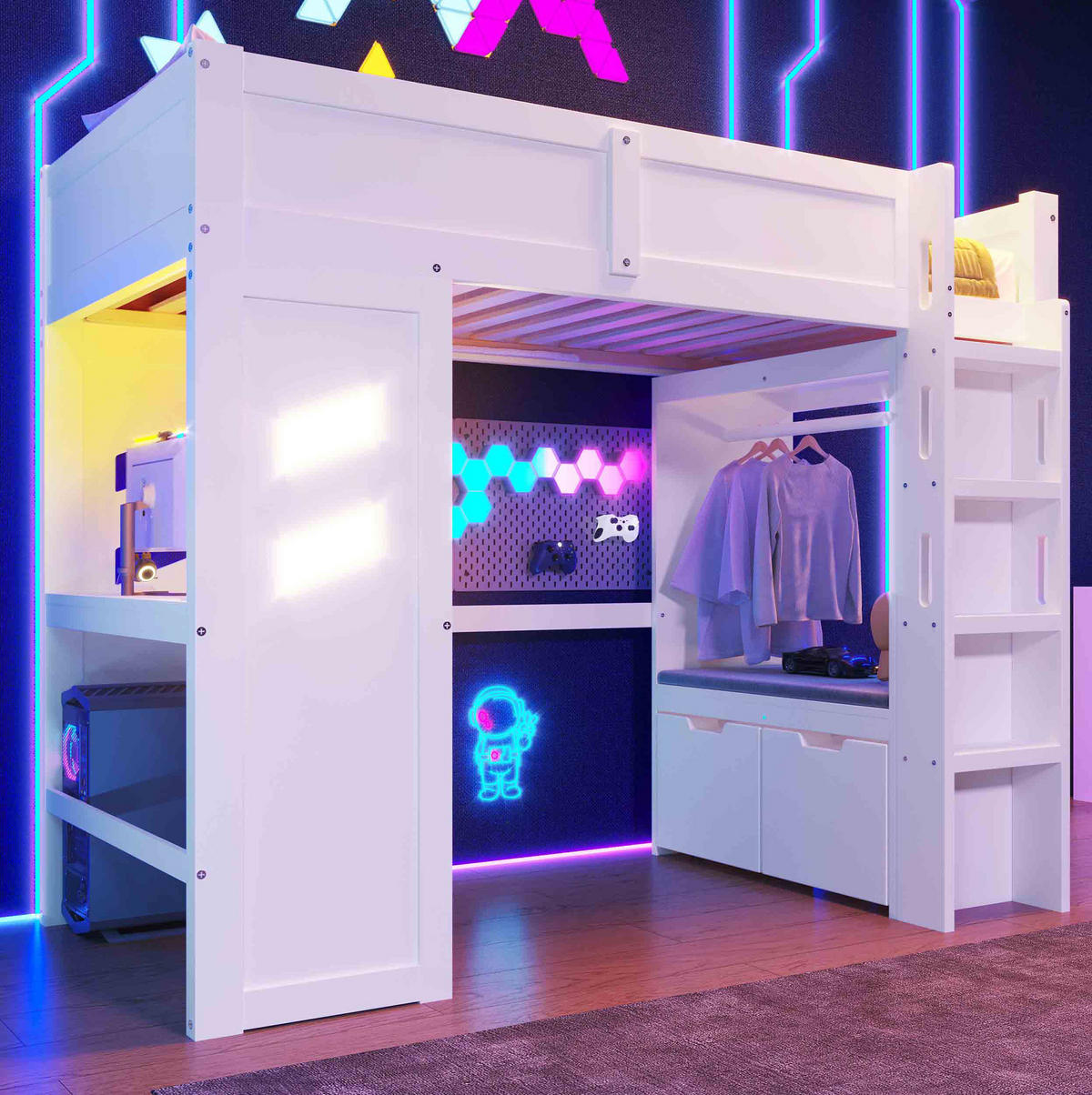 HOCHBETT 90/200 cm Weiß mit Schreibtisch, LED und Stauraum - Weiß, Holz (90/200cm) - MIVRAY