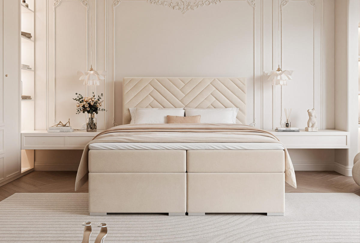 BOXBETT NEREA 160/200 cm mit Matratze und Topper, Creme - Creme, Textil (160/200cm) - Idohome