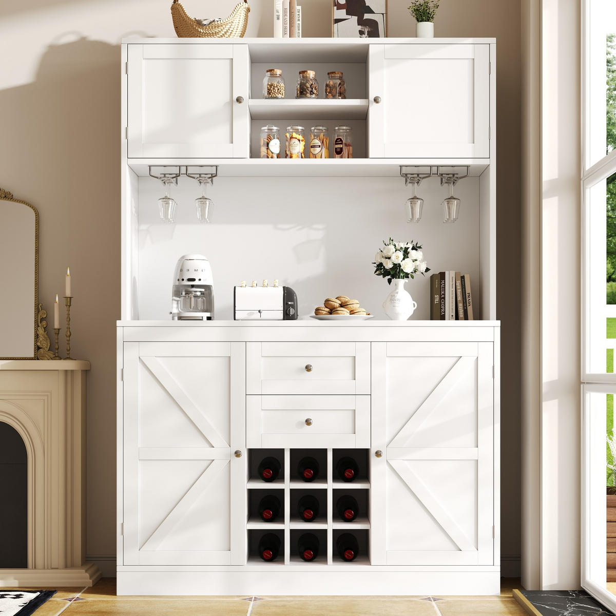 KÜCHENBUFFET/HOCHSCHRANK aus MDF in Weiß, mit Weinregal und 3D-Türen, 120/40/188 cm, Weiß - Weiß, Holzwerkstoff (120/180/40cm) - Redom