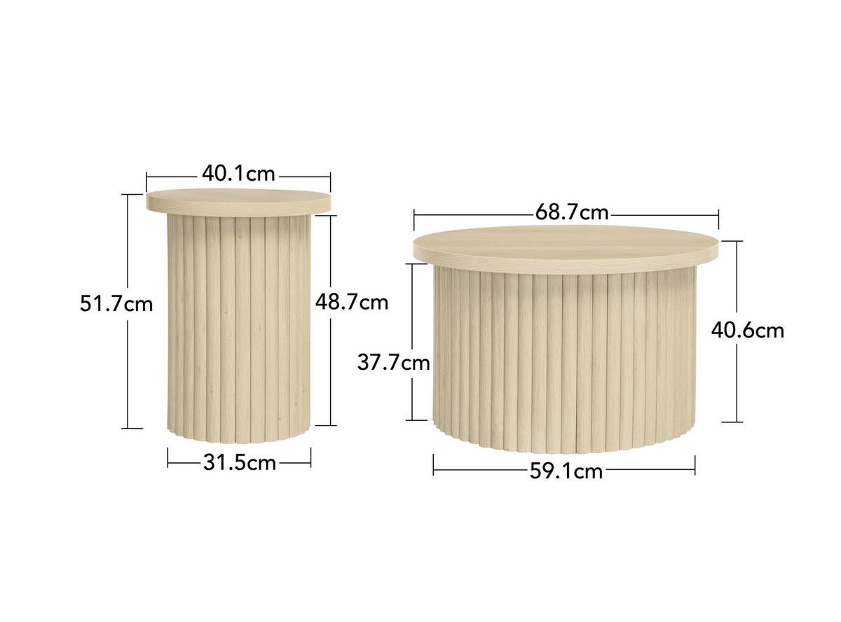 COUCHTISCH Set 2-teilig rund in natürlicher Holzoptik mit Wellenstruktur 68,7 cm und 40,1 cm - Naturfarben, Holzwerkstoff (68.7/68.7/40.6cm) - OKWISH
