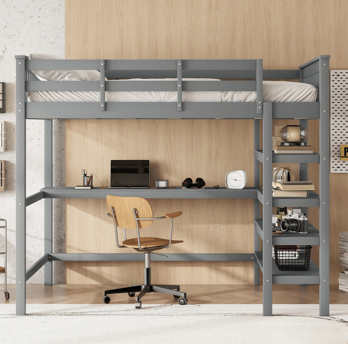 HOCHBETT mit Schreibtisch und Regalen 140x200 cm Kiefernholz Grau - Grau, Holzwerkstoff (140/200cm) - Beauniv