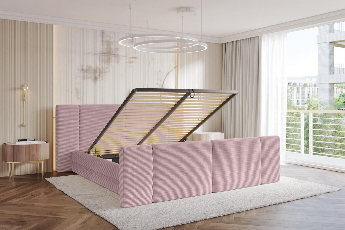 POLSTERBETT mit Bettkasten, Fußteil und Lattenrost, Bett mit Matratze H3/H4 - TEVO-Z 180x200 Rosa - Rosa, Holzwerkstoff/Textil (180/200cm) - ALTDECOR