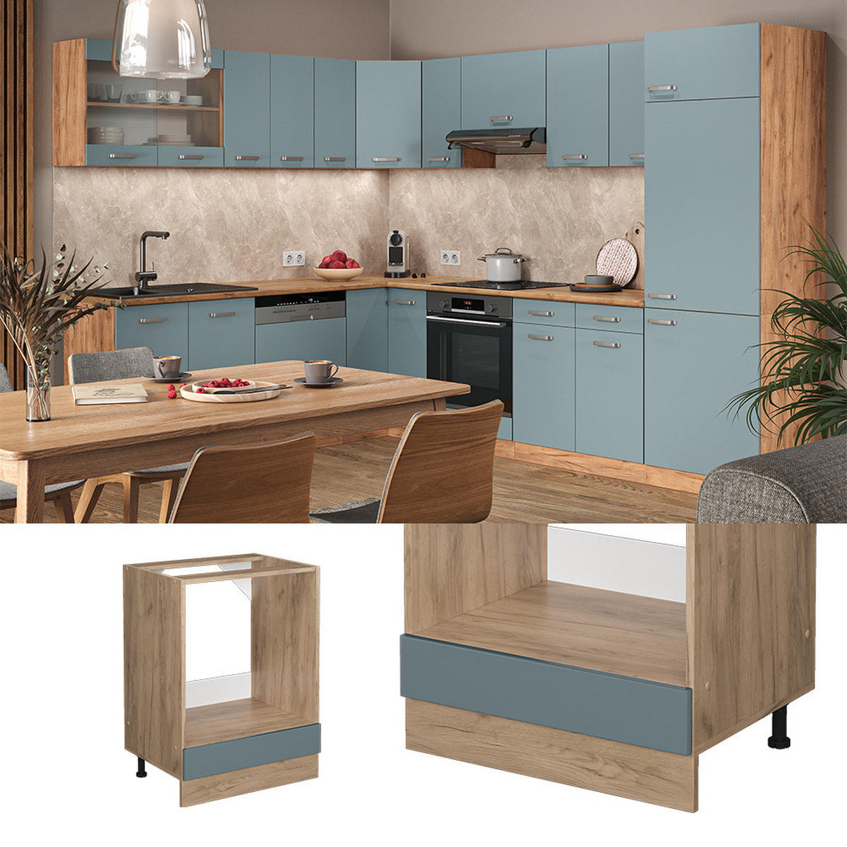 HERDUMBAUSCHRANK R-Line Blau-Grau 60 cm ohne AP - Honigeiche/Eiche Wotan, Holzwerkstoff (60/81.6/46cm) - Vicco