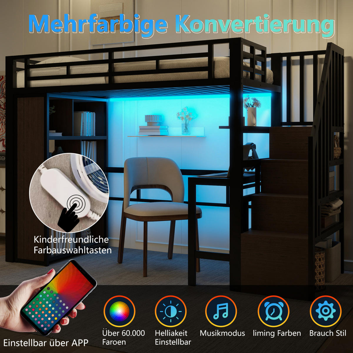 HOCHBETT 90/200 cm Schwarz aus Metall mit Schreibtisch und LED-Lichtleiste - Schwarz, Metall (90/200cm) - OKMYHOME