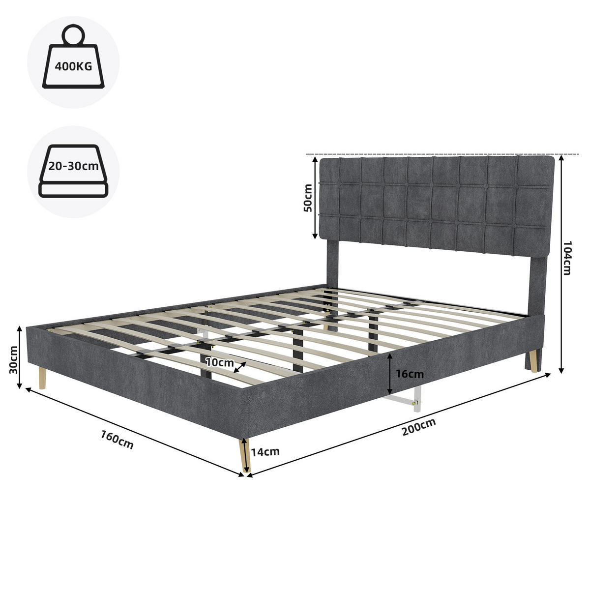 ČALOUNĚNÁ postel 160/200 cm šedá z sametu s prošívaným čelem a dřevěnými nohami - šedá, textil (160/200cm) - OKWISH
