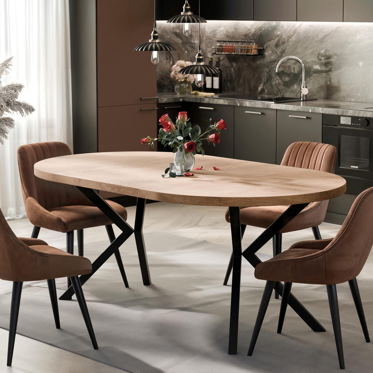 AUSZIEHTISCH MILTON 90-166/76 cm mit Metallgestell, Schwarz / Lefkas-Eiche - Eichefarben/Schwarz, Holzwerkstoff/Metall (90/90/76cm) - Idohome