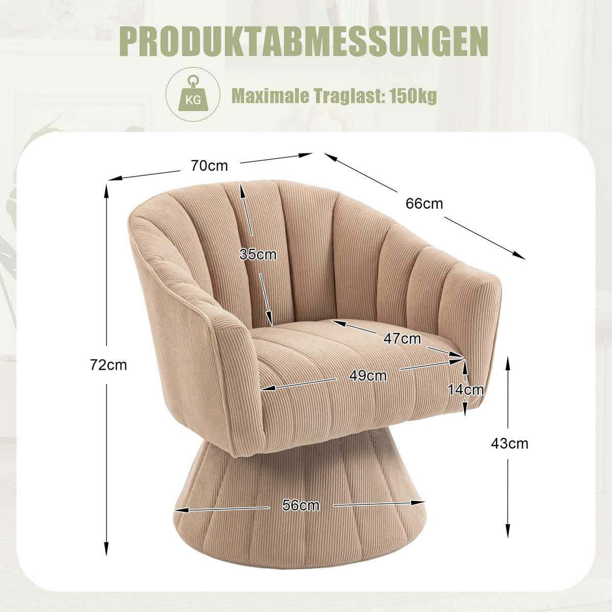 DREHSTUHL Drehsessel Loungesessel mit Polsterung,360°,Cord,Rosa - Rosa, Textil (70/72/66cm) - LVHOM
