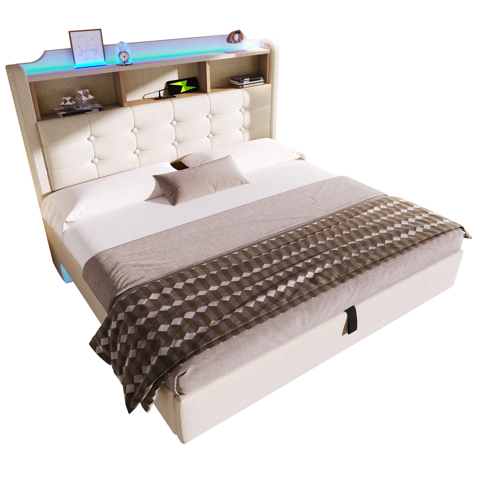 POLSTERBETT 140/200 cm Beige mit LED-Beleuchtung und hydraulischem Stauraum - Beige, Textil (140/200cm) - OKWISH