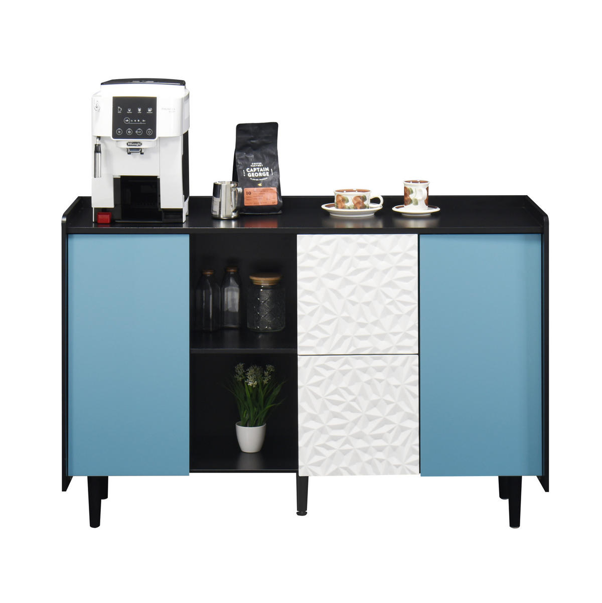 SIDEBOARD aus MDF 40x120x80 cm Schwarz/Blau mit 2 Schubladen, offenem Stauraum und Schranktür in modernem Design - Schwarz, Holzwerkstoff (120/80/40cm) - Modfu