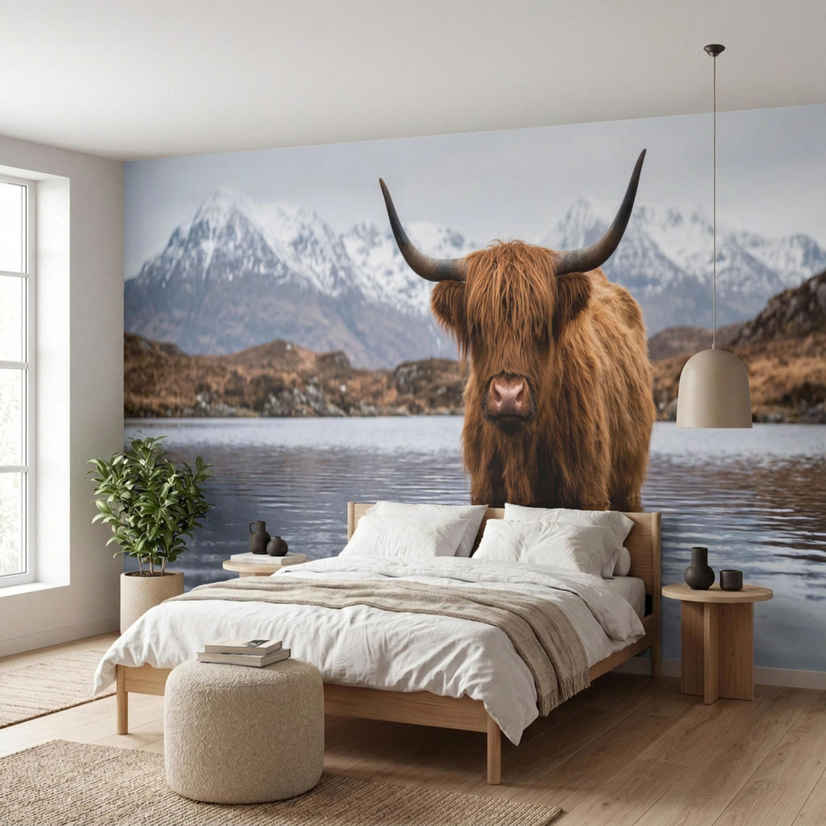 TAPETE - Schottischer Hochländer - Braun - Wasser - 500x200 cm - Braun, Papier (500/200cm) - OnlyWow