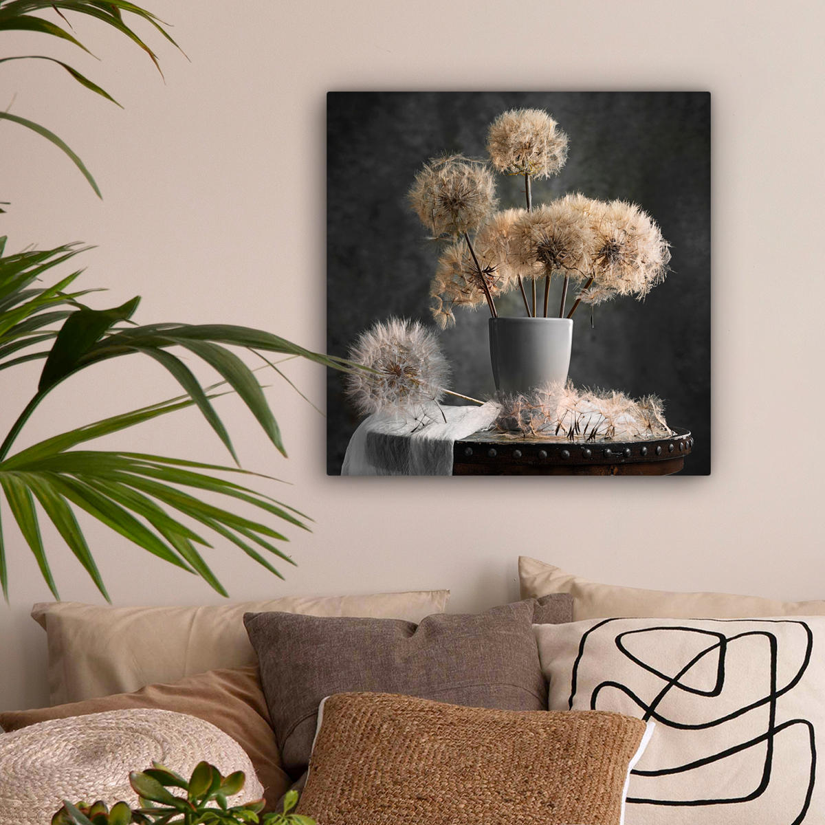 LEINWANDBILD Blumensamen - Löwenzahn - Vase - Stilleben - Blumenstrauß 50x50 cm - Dunkelgrau, Textil (50/50cm) - MuchoWow