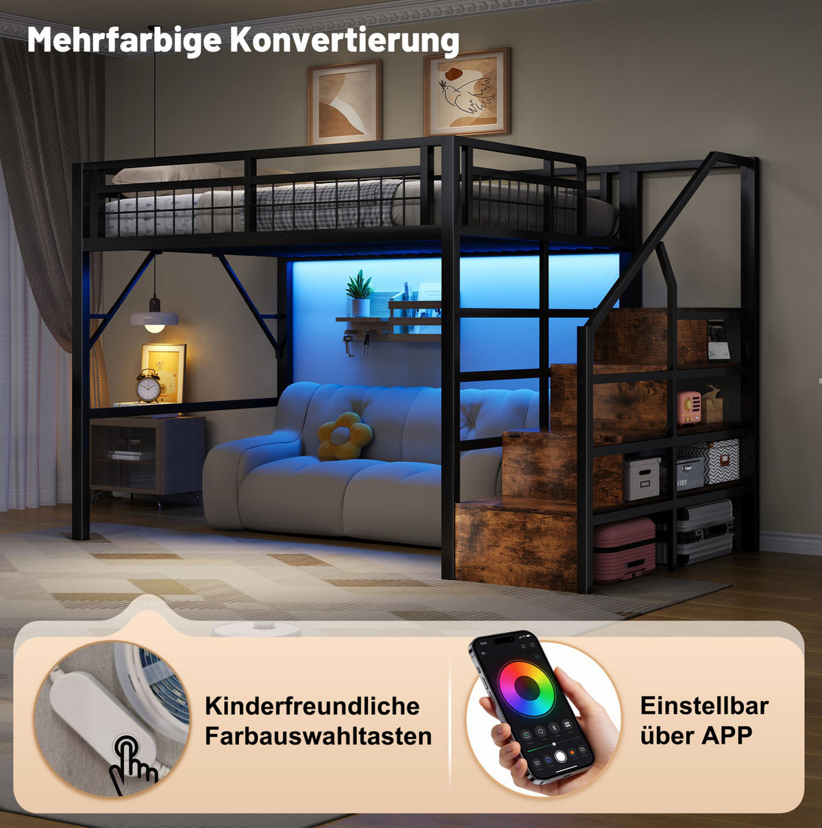 HOCHBETT 140/200 cm schwarz aus Metall und MDF mit LED und Stauraumtreppe - Schwarz, Metall (140/200cm) - OKWISH