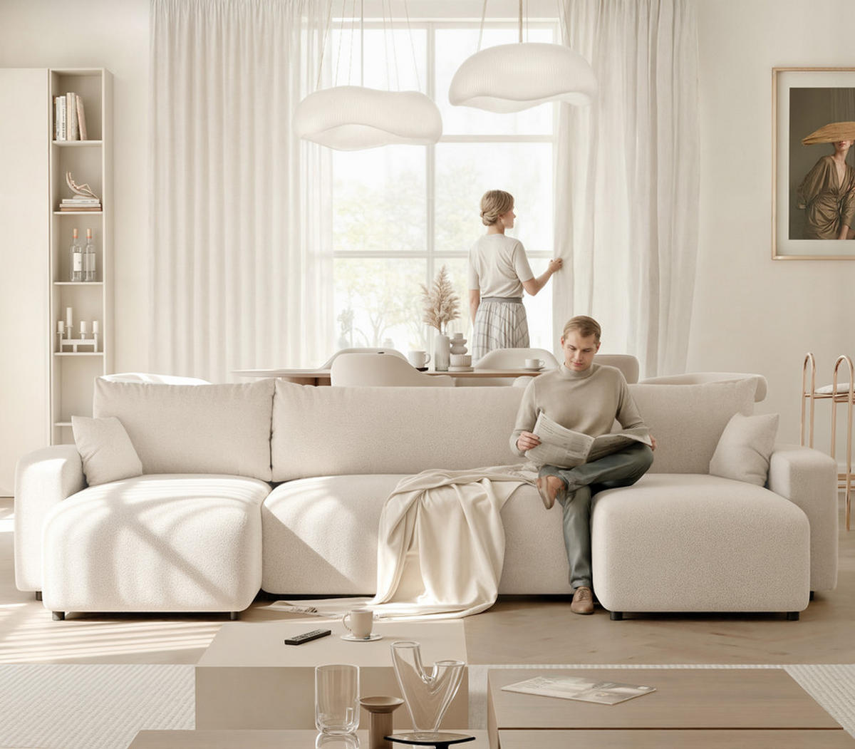 WOHNLANDSCHAFT PIANO mit Schlaffunktion, Stoff Creme - Creme/Schwarz, Kunststoff/Textil (318/79/145cm) - Idohome