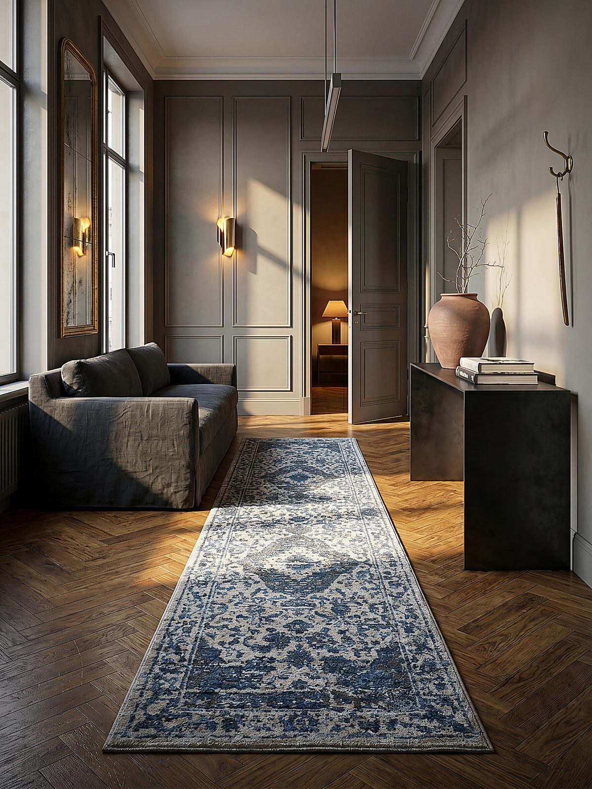 TEPPICH Vintage Kurzflor Medallion Muster, Orientalisch, Wohnzimmer Blau Läufer 60x230 - Blau, Textil (230/60cm) - KADIMA DESIGN