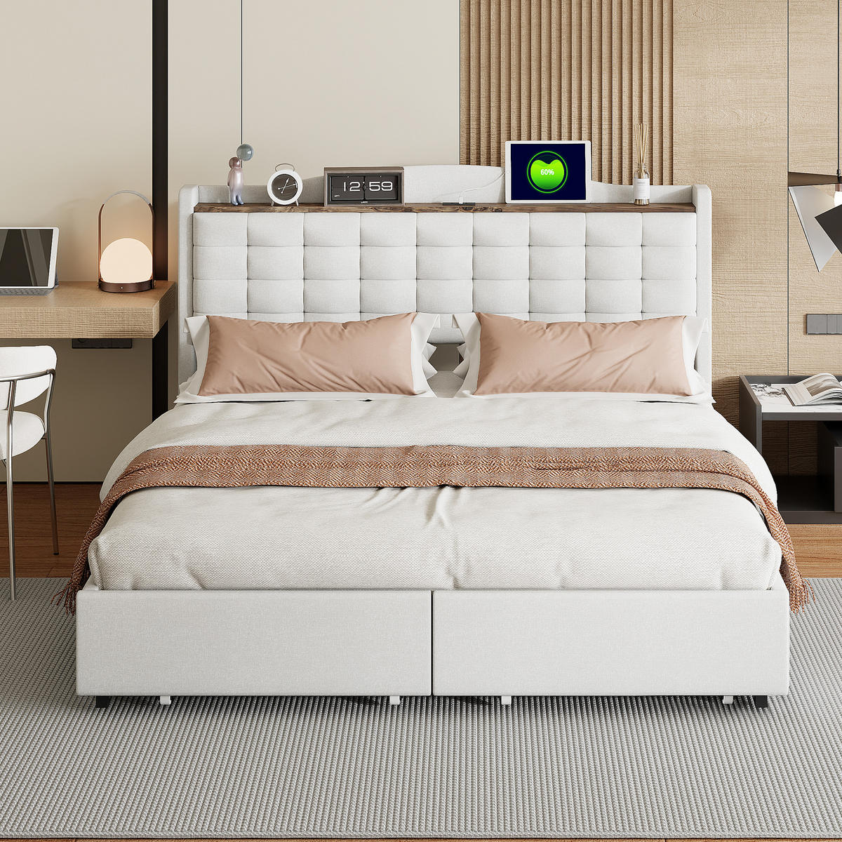 BETT beige 200/166/110 cm - Beige, Textil/Metall (160/200cm) - Urban Meuble