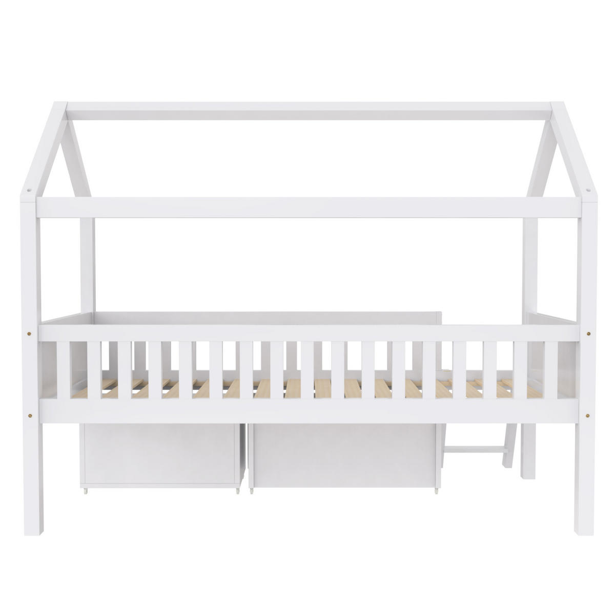 HAUSBETT 90x200 cm in Weiß mit Schubladen, Staufächern und Rausfallschutz - Weiß, Holzwerkstoff (90/200cm) - IVMEU