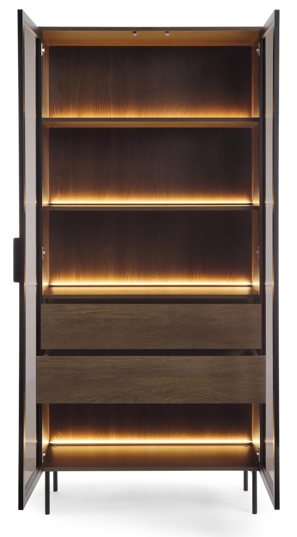 VITRINENSCHRANK 90 cm mit LED Senzia, 2 Türen, Schubladen, Eiche Dunin - Eichefarben, Holz (92/195/39cm) - Emporius