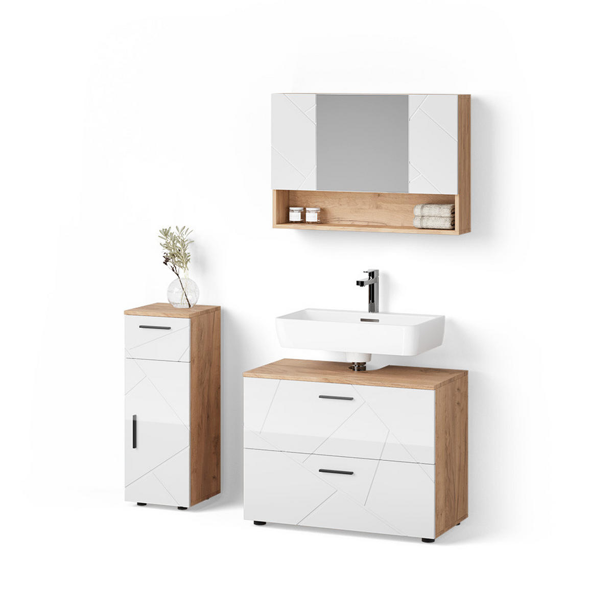 BADMÖBEL-SET Ronco Weiß Hochglanz/Goldkraft Eiche 3 Teile, mit Schubladenschrank und Midischrank - Weiß Hochglanz/Eiche Wotan, Holzwerkstoff (80/58/41cm) - Livinity®