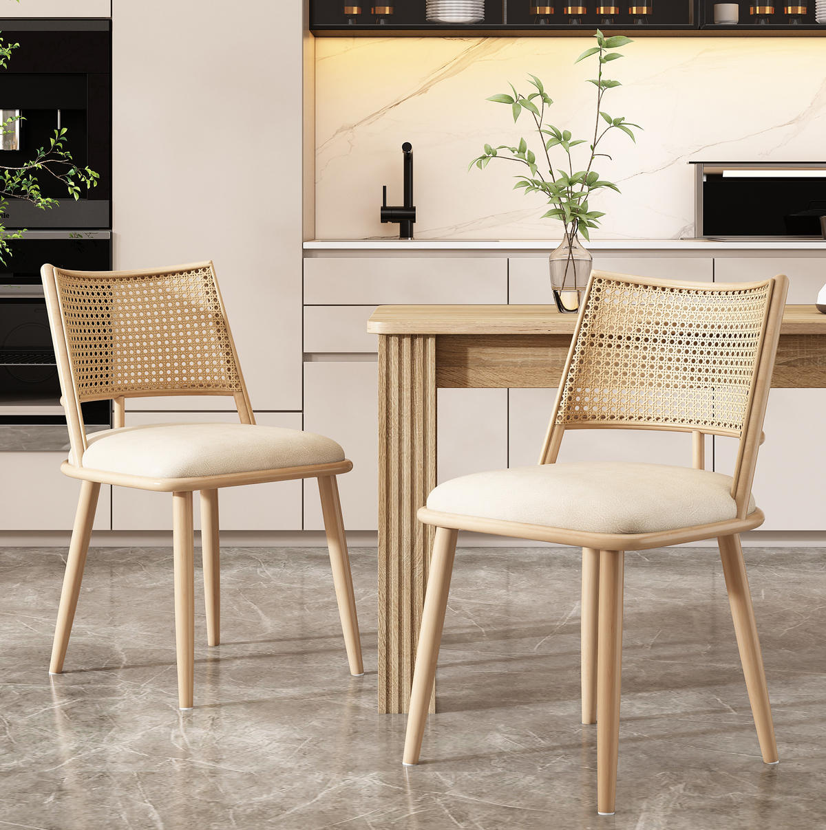 ESSZIMMERSTUHL 2er-Set mit PU-Sitz Rattan Beige - Beige, Holz (46/90/48cm) - Meubliv