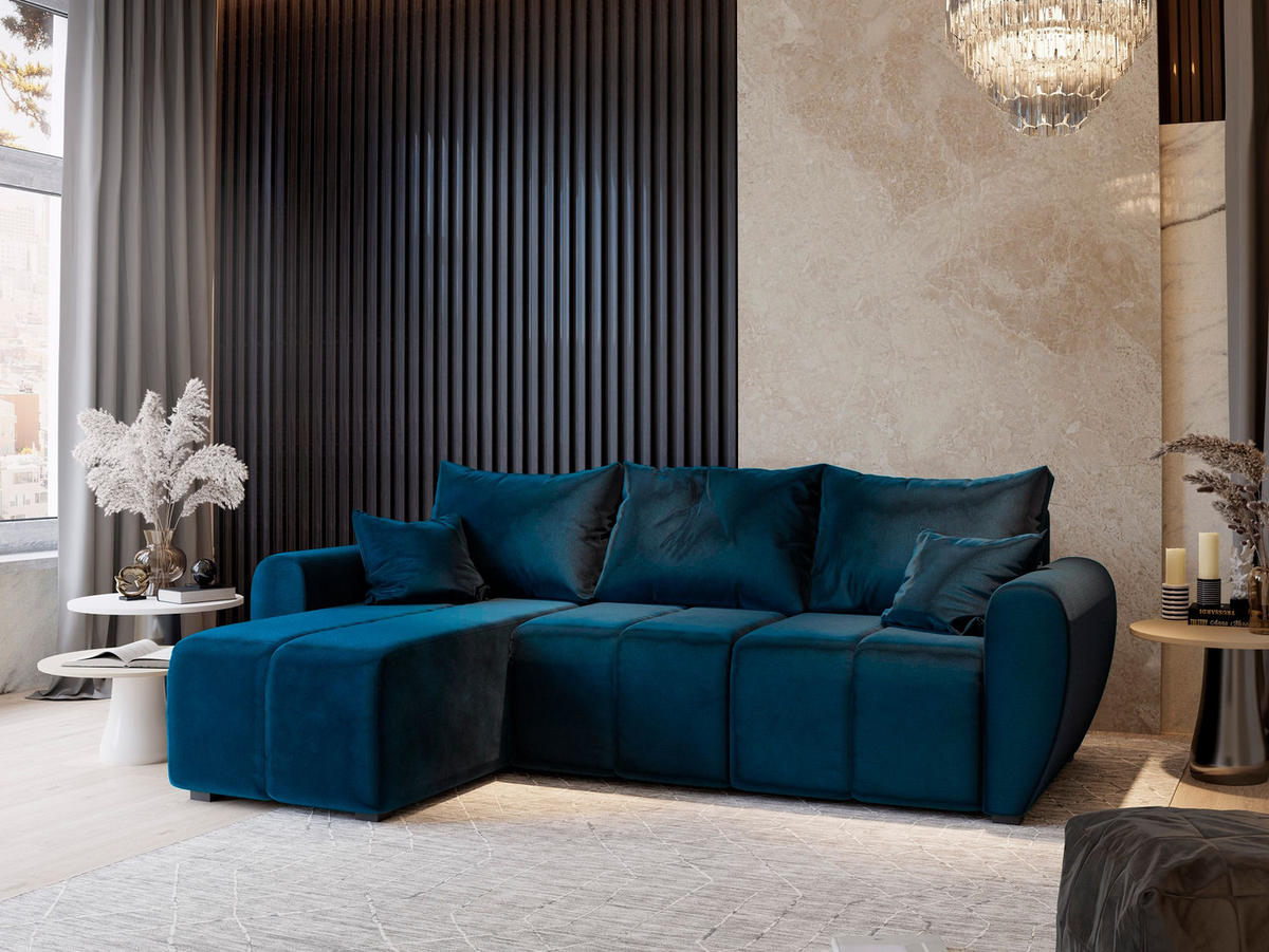 ECKSOFA MADISON Blau Plüsch-Stoff mit Schlaffunktion - Blau, Holz (246/143cm) - MASSENO