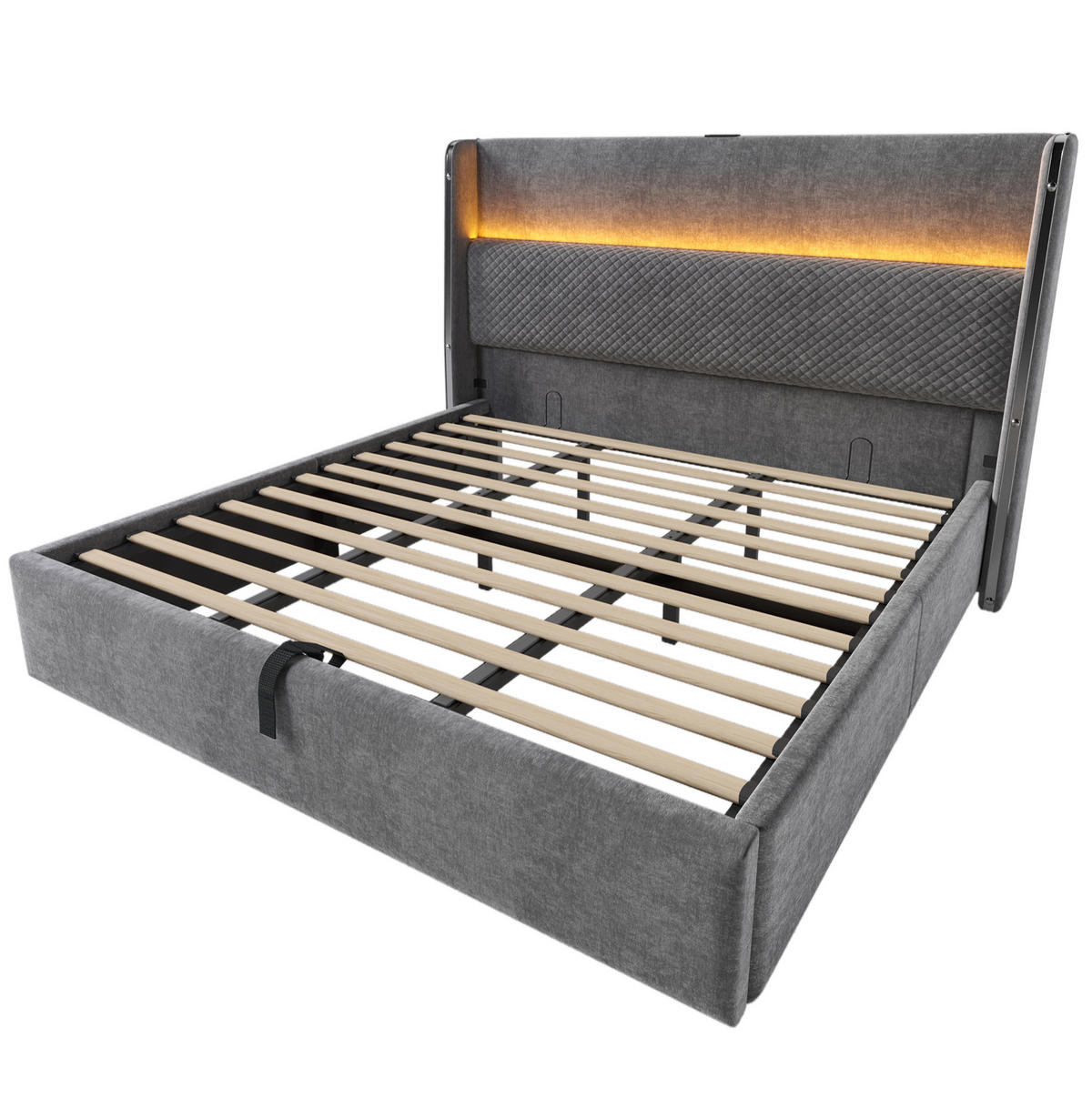 POLOHOVATEĽNÁ posteľ 180/200 cm sivá z ľanovej tkaniny s LED osvetlením, úložným priestorom a USB/Type-C - sivá, textil (180/200cm) - OKWISH