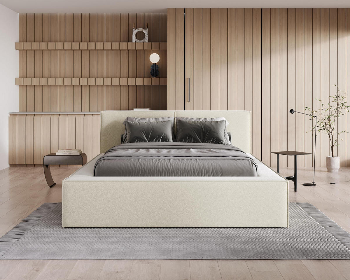 POLSTERBETT 180x200 mit Bettkasten, Lattenrost und Kopfteil, Eleganter Bouclé-Stoffbezug Beige - Beige, Holz (180/200cm) - Chilly
