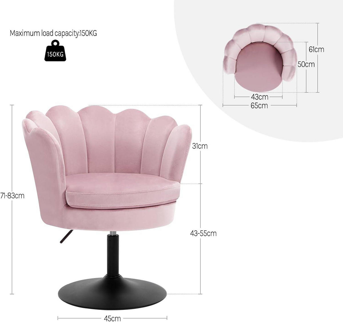 DREHSTUHL Blumenform, Samtbezug, Rosa - Schwarz/Rosa, Textil/Metall (65/71/61cm) - Woltu
