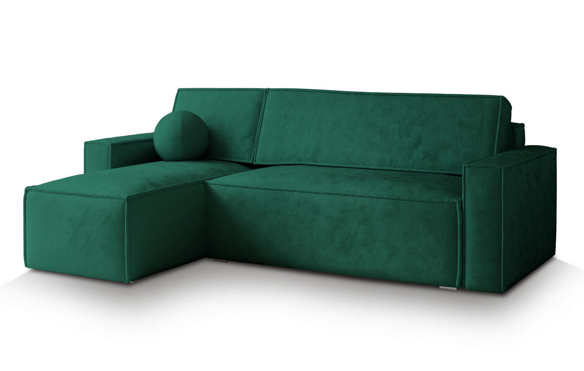 ECKSOFA RAVELO M Grün Velours-Stoff mit Schlaffunktion - Grün, Holz (240/140cm) - MASSENO