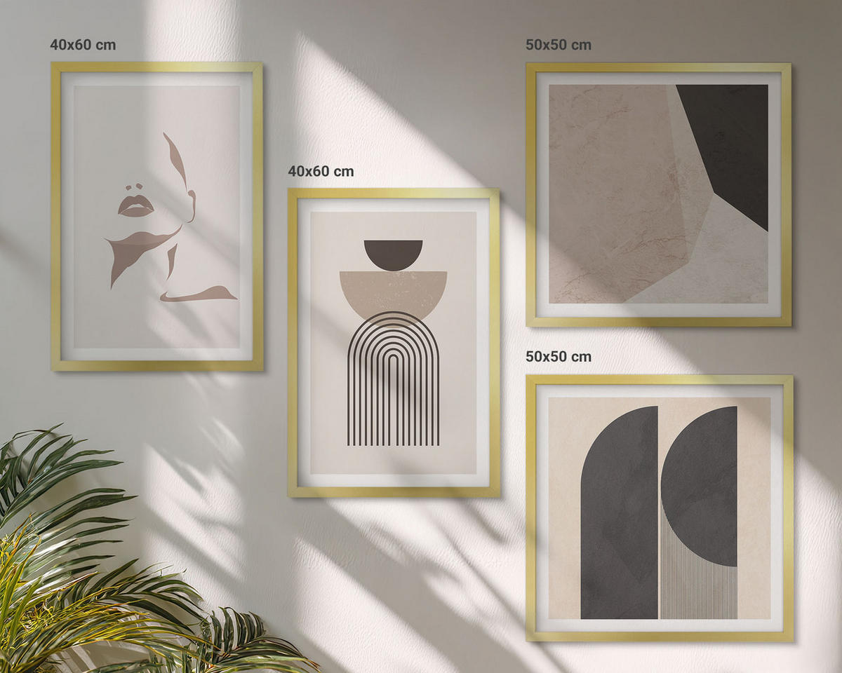 WANDBILDER 4er Set - 50x50 cm & 40x60 cm Goldrahmen - Abstrakte weiß-braune Muster - Goldfarben, Kunststoff (50/50cm) - ArtPrintCave