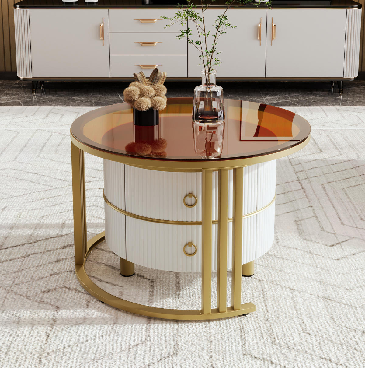 COUCHTISCH-SET 70/70/45 + 50/50/40 cm mit 2 Schubladen und Glasplatte - Weiß, Holzwerkstoff (70/70/45cm) - Flora Grace