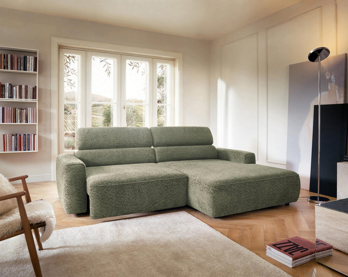 ROHOVÁ pohovka Fando s elektricky výsuvným sedákem, šalvějový ženil, levá - černá/světle zelená, textil/plast (182/252cm) - Selsey